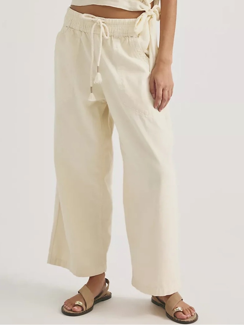 We The Free People Sz L Easy Peasy Pants Wide Leg Crop Elastic Waist off White